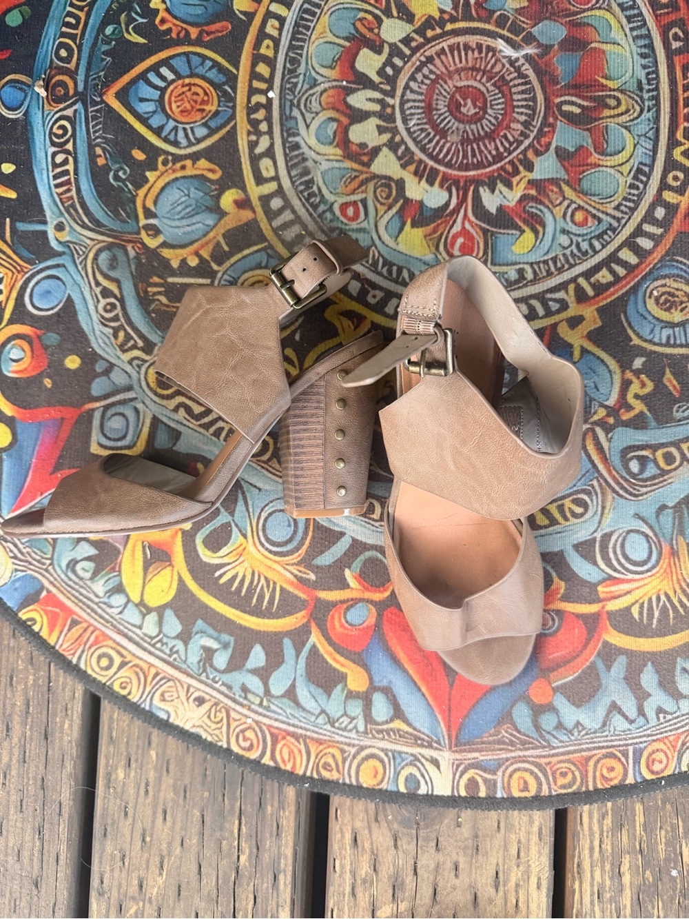Indigo Taupe Open-Toe Block Heel Sandals